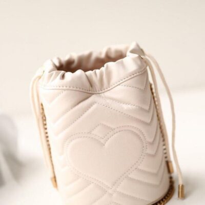Gucci GG Marmont Mini White Matelasse Quilted Leather Brass Interlocking GG Design Drawstring Closure Women Chian Buckle 575163 DTDRT 9022