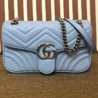 Gucci GG Marmont Silver GG Logo Buckle Chain Shoulder Strap Small Light Blue Quilted Leather Shoulder Bag For Ladies USA