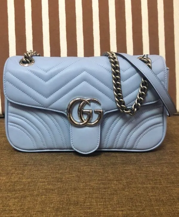 Gucci GG Marmont Silver GG Logo Buckle Chain Shoulder Strap Small Light Blue Quilted Leather Shoulder Bag For Ladies USA