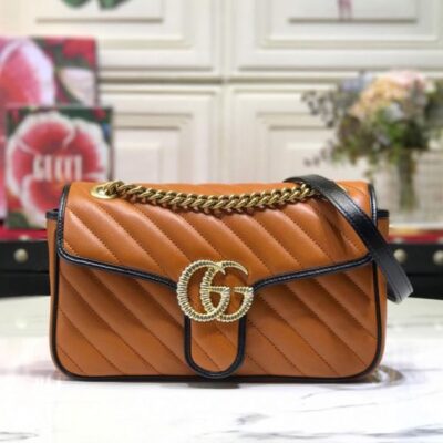 Gucci GG Marmont Small Tan Diagonal Matelasse Flap Bag Women Fashion Black Trimming Brass Logo Buckle Chain Bag 26CM