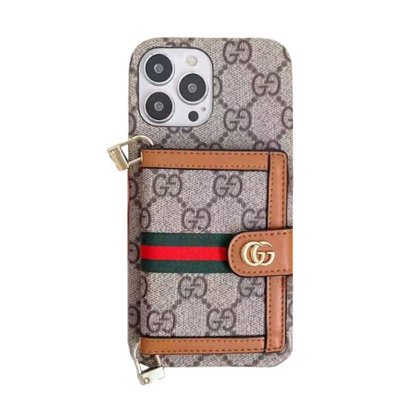 05-018 GG iPhone Case With Wallet And Crossbody Strap Brown