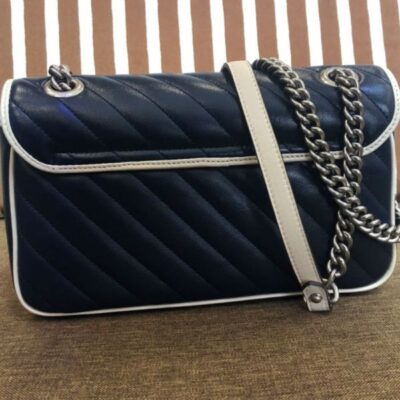 حقيبة نسائية غوتشي GG Marmont Diagonal Line Trimming Chian كتف بحزام Hot Selling بغطاء صغيرة من الجلد باللون الأزرق الداكن والأبيض والذهبي مبطنة