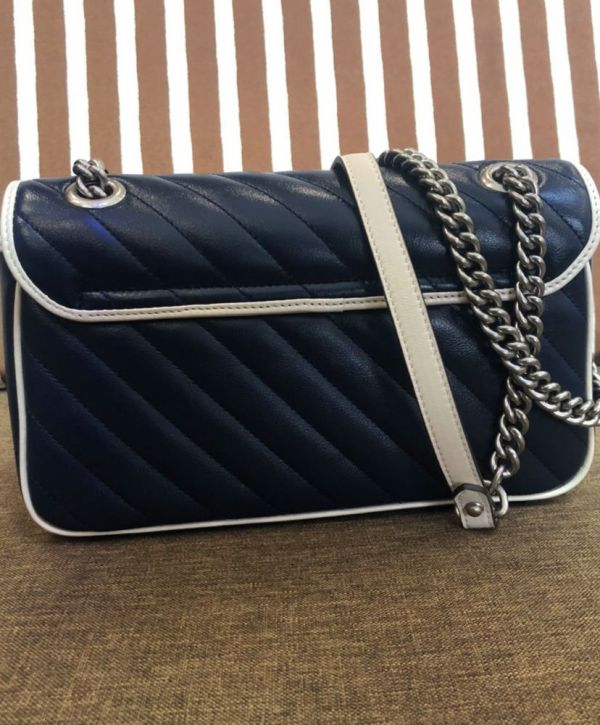 حقيبة نسائية غوتشي GG Marmont Diagonal Line Trimming Chian كتف بحزام Hot Selling بغطاء صغيرة من الجلد باللون الأزرق الداكن والأبيض والذهبي مبطنة