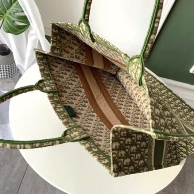 Dior Book Tote Bag In Green Oblique Canvas