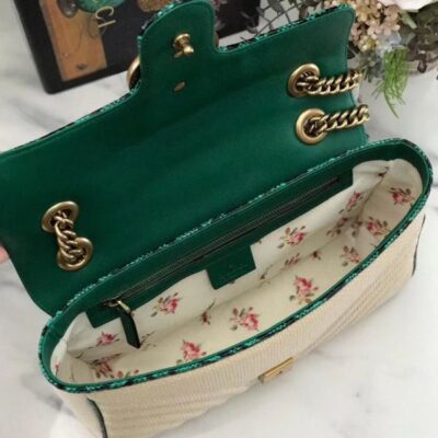 Gucci GG Marmont Beige Raffia Women Small Flap Bag Antique Golden Hardware 2022 Cheapest Green Snakeskin Trimming Chain Bag