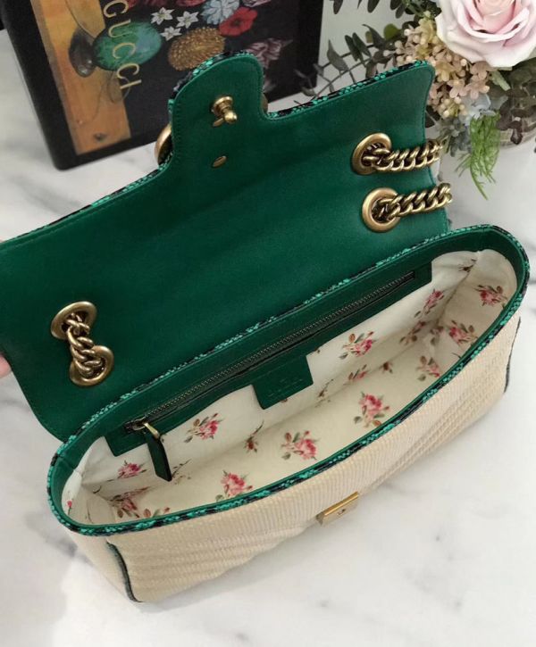 Gucci GG Marmont Beige Raffia Women Small Flap Bag Antique Golden Hardware 2022 Cheapest Green Snakeskin Trimming Chain Bag