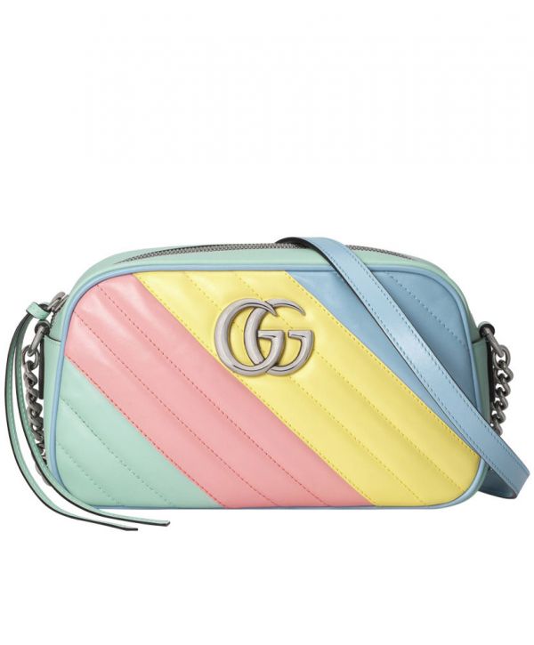 2022 New Gucci GG Marmont Silver Chian Strap Zipper Closure Double G Signature Women Colorful Diagonal Quilted Leather Crossbody Bag Small