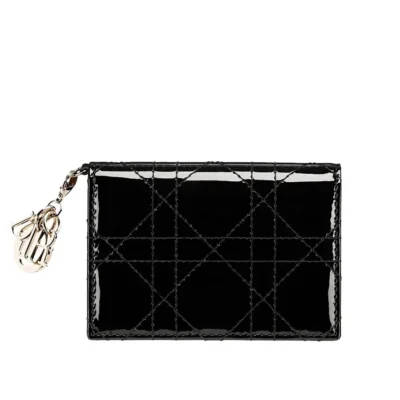 Dior Lady Dior Flap Card Holder in Black Patent Cannage Lambskin