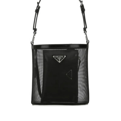 Prada Logo Mesh Bucket Bag in Black