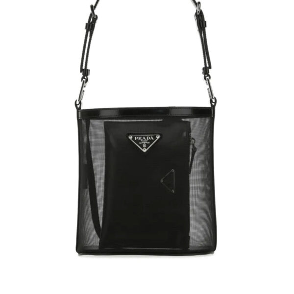 0b9f24647dfdabc616ab0f9751271552 Prada Logo Mesh Bucket Bag in Black