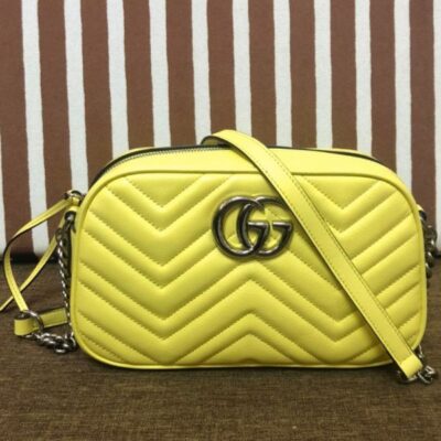 古驰 GG Marmont 人字纹 Design 标识标志性 Lemon 绗缝链条银色/黄色皮革小号女士单肩包