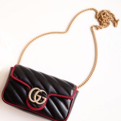 0e971f46756d80bacdcc956559ea963b Gucci GG Marmont Super Diagonal Stripes Ttwisted Torchon Brass GG Buckle Red Leather Trimming Black Cowhide Leather Chain Bag