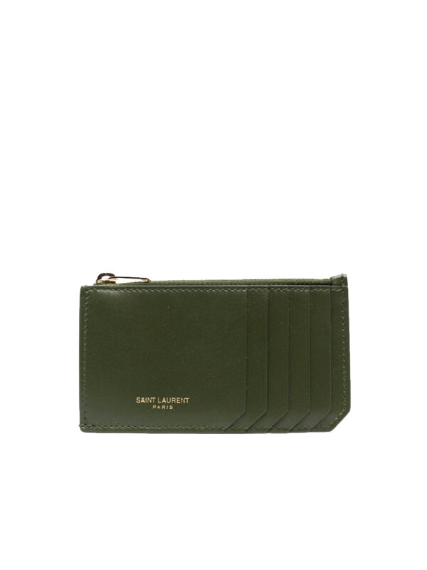 حافظة بطاقات YSL Fragments Zipped بلون داكن Pine