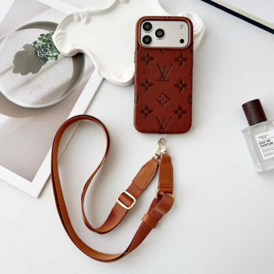 Luxury LV Leather Case with Designer Crossbody Strap for iPhone 13-18 Pro & Pro Max