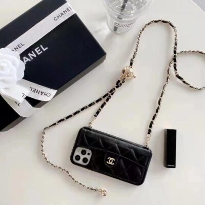 Chanel Style Quilted Wallet Phone Case With Adjustable Chain Crossbody Strap
