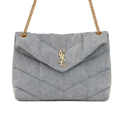 12d183eb93ea84e619659b0de712be17 YSL Puffer Medium Chain Bag in Denim and Smooth Leather