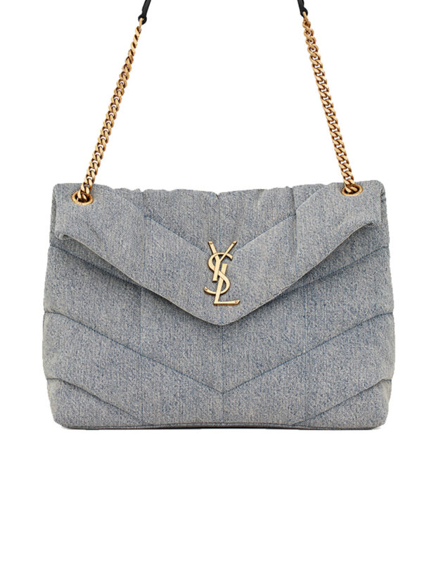 12d183eb93ea84e619659b0de712be17 YSL Puffer Medium Chain Bag in Denim and Smooth Leather
