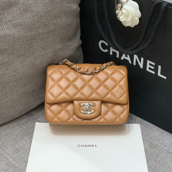 13346764011015655_de5e9ba3-9a92-4469-af76-adea716abbcd MINI SQUARE FLAP BAG 17CM BROWN LAMBSKIN SILVER HARDWARE