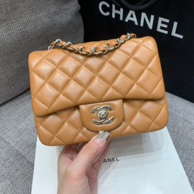 13346764034556108_fdf413e5-8162-4d8a-acb9-23f8dfec4a4c MINI SQUARE FLAP BAG 17CM BROWN LAMBSKIN SILVER HARDWARE