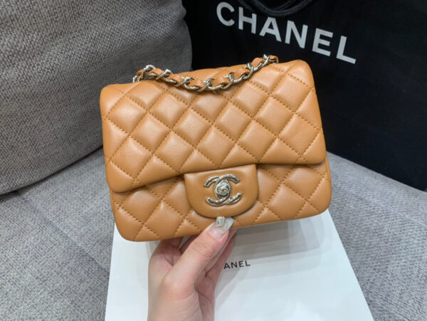 13346764034556108_fdf413e5-8162-4d8a-acb9-23f8dfec4a4c MINI SQUARE FLAP BAG 17CM BROWN LAMBSKIN SILVER HARDWARE