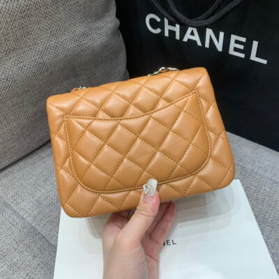 13346764042084131_b334b774-4788-418e-8e5a-a919a3d487c9 MINI SQUARE FLAP BAG 17CM BROWN LAMBSKIN SILVER HARDWARE
