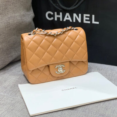 13346764043888966_425e99ad-8c41-4fe4-bad8-bd46f5d91893 MINI SQUARE FLAP BAG 17CM BROWN LAMBSKIN SILVER HARDWARE