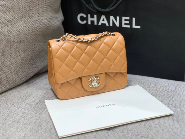 13346764043888966_425e99ad-8c41-4fe4-bad8-bd46f5d91893 MINI SQUARE FLAP BAG 17CM BROWN LAMBSKIN SILVER HARDWARE