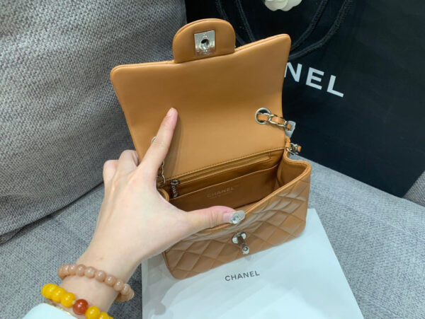 13346764046360045_5e79c851-9cbe-46d8-8e33-b6d3ae75524f MINI SQUARE FLAP BAG 17CM BROWN LAMBSKIN SILVER HARDWARE