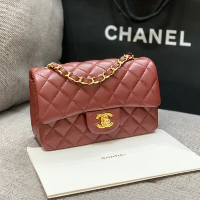 13346766889587283_2eff6296-d771-4939-a038-e178458287e4 MINI RECTANGLE FLAP BAG 20CM BURGUNDY LAMBSKIN GOLD HARDWARE