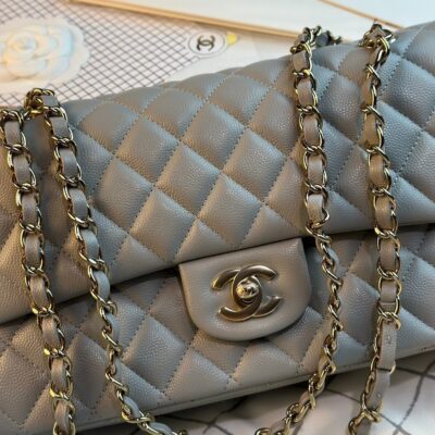 FLAP BAG 25CM GOLD HARDWARE GREY CAVIAR
