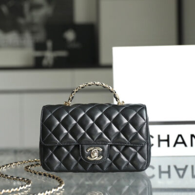 13350823884894206_0bf4a4d1-13c0-4301-b5cd-dd135d5806ff MINI RECTANGLE FLAP BAG TOP HANDLE 20CM BLACK LAMBSKIN SILVER HARDWARE