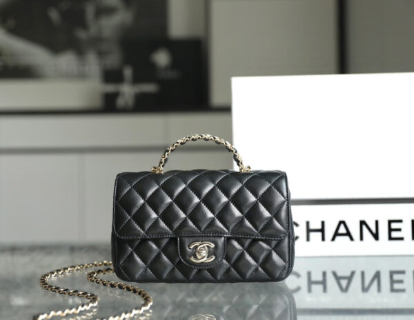 13350823884894206_0bf4a4d1-13c0-4301-b5cd-dd135d5806ff MINI RECTANGLE FLAP BAG TOP HANDLE 20CM BLACK LAMBSKIN SILVER HARDWARE