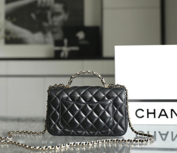 13350823890574589_933d686b-a6c1-4b6d-b7c8-dbe643535496 MINI RECTANGLE FLAP BAG TOP HANDLE 20CM BLACK LAMBSKIN SILVER HARDWARE