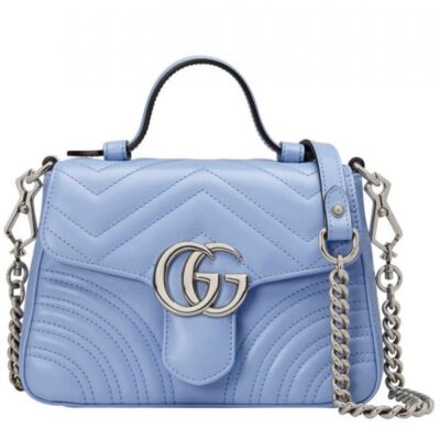 Gucci GG Marmont Mini Single Top Handle Shiny Silver GG Logo Buckle Waved Stripe Motif Light Blue Leather Shoulder Bag UK