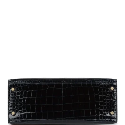 Hermès Kelly Sellier 28 Bleu Baltique Shiny Porosus Crocodile Gold Hardware