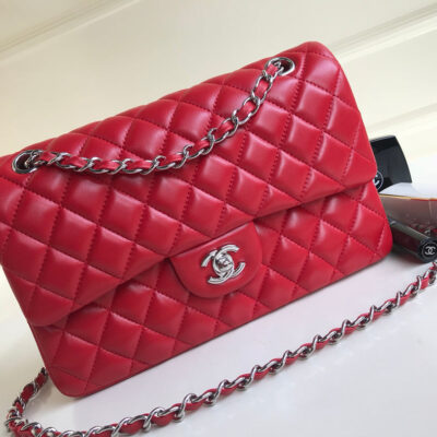 FLAP BAG MEDIUM 25CM RED LAMBSKIN SILVER HARDWARE