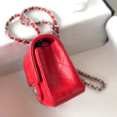 MINI SQUARE FLAP BAG 17CM RED LAMBSKIN SILVER HARDWARE