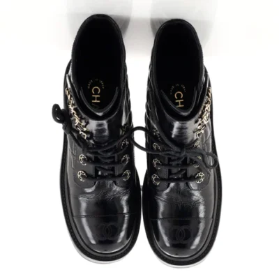 Chanel Women's Chain CC Cap Toe Lace Up Combat Boots Quilted Shiny Calfskin