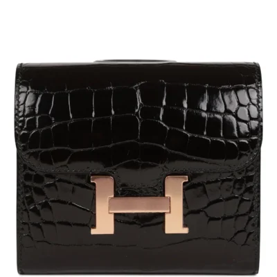 محفظة Hermès Constance Compact أسود لامع Alligator Rose إكسسوارات معدنية ذهبية