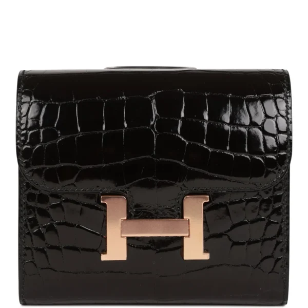 162fd77c06b32668c25adb27080f9ac6 Hermès Constance Compact Wallet Black Shiny Alligator Rose Gold Hardware