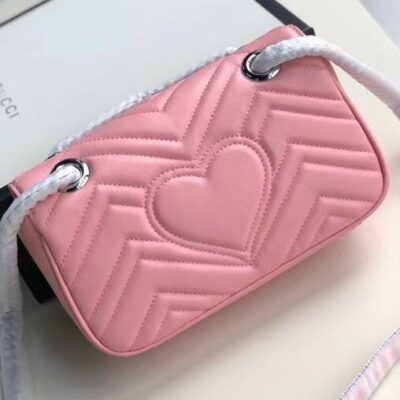 Gucci GG Marmont Silver GG Logo Buckle Back Heart Pattern Chain Shoulder Strap Pink Matelasse Chevron Leather Mini Bag