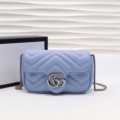 Gucci GG Marmont Silver Logo Magnetic Buckle Light Blue Super Mini Chain Bag Women Fashion Chevron Design Crossbody Bag