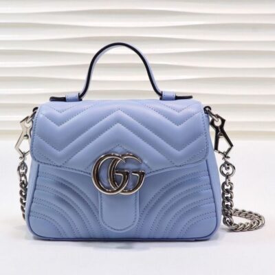 Gucci GG Marmont Mini Single Top Handle Shiny Silver GG Logo Buckle Waved Stripe Motif Light Blue Leather Shoulder Bag UK