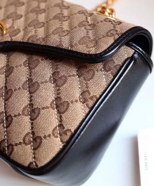 18cc69122ab4037fb95e29b9e59ed419 Gucci GG Marmont Logo Pattern Double G Magnetic Buckle Apricot Canvas & Black Leather Female Shiny Golden Chain Handbag 443497 HVKEG 9772
