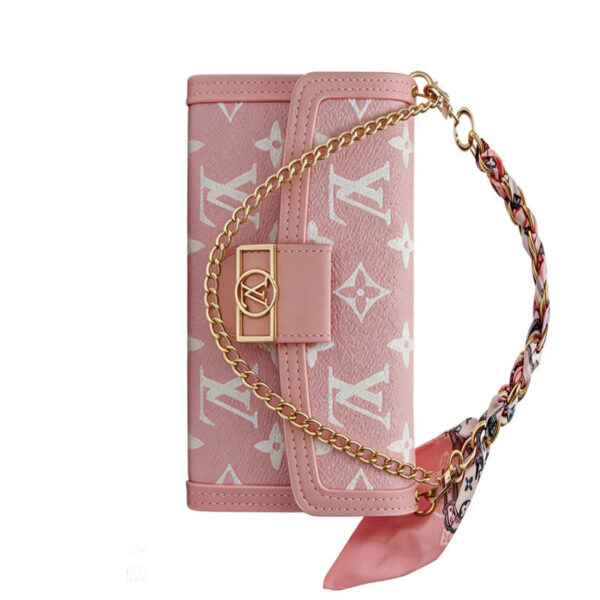 Luxury Leather LV Phone Case with Flip Wallet and Chain For iPhone 12-18 Pro & Pro Max