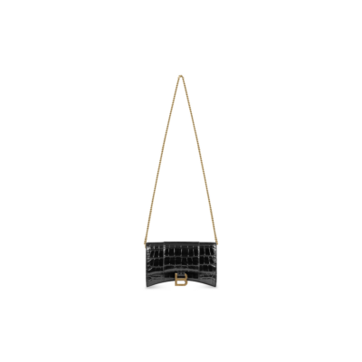 WOMEN'S HOURGLASS WALLET ON CHAIN CROCODILE EMBOSSED IN BLACK