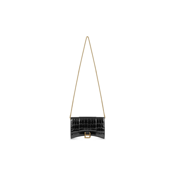 WOMEN'S HOURGLASS WALLET ON CHAIN CROCODILE EMBOSSED IN BLACK