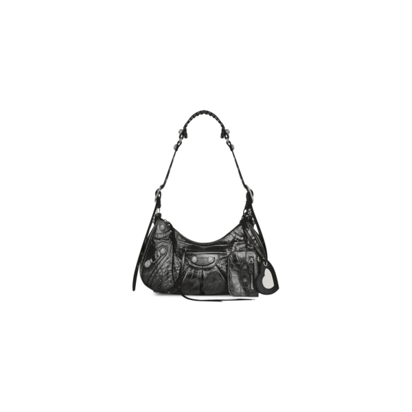 WOMEN'S LE CAGOLE SMALL SHOULDER BAG METALLIZED CROCODILE EMBOSSED WITH RHINESTONES IN GREY