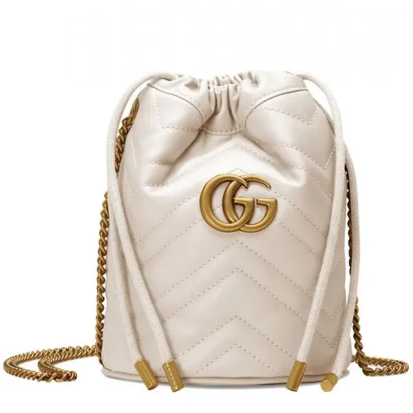 Gucci GG Marmont Mini White Matelasse Quilted Leather Brass Interlocking GG Design Drawstring Closure Women Chian Buckle 575163 DTDRT 9022
