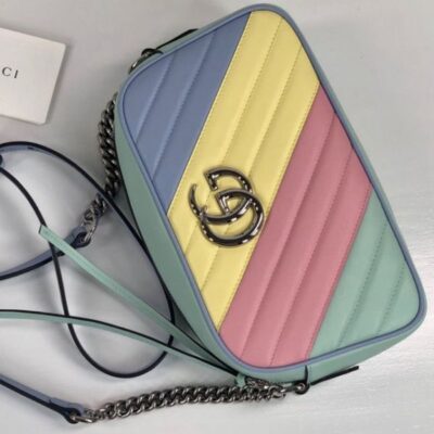 2022 New Gucci GG Marmont Silver Chian Strap Zipper Closure Double G Signature Women Colorful Diagonal Quilted Leather Crossbody Bag Small